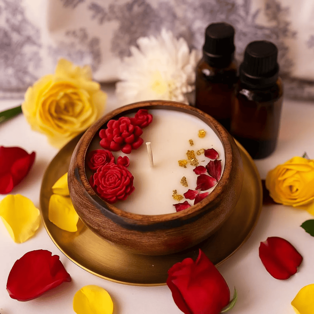 Rose Dough Bowl Candle – Hand-Carved Wood Centerpiece with 3D Flowers & Gold Flakes (10")