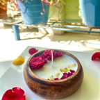 Rose Dough Bowl Candle – Hand-Carved Wood Centerpiece with 3D Flowers & Gold Flakes (10")