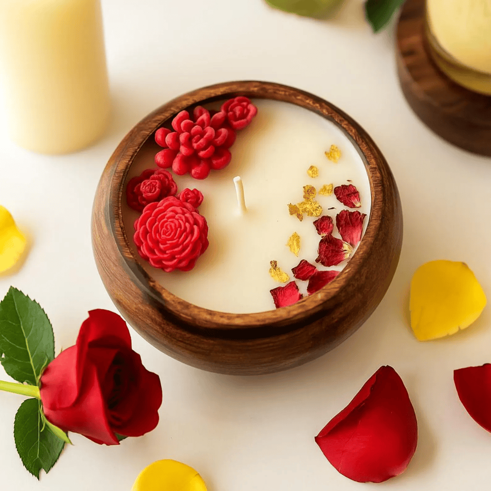 Rose Dough Bowl Candle – Hand-Carved Wood Centerpiece with 3D Flowers & Gold Flakes (10")