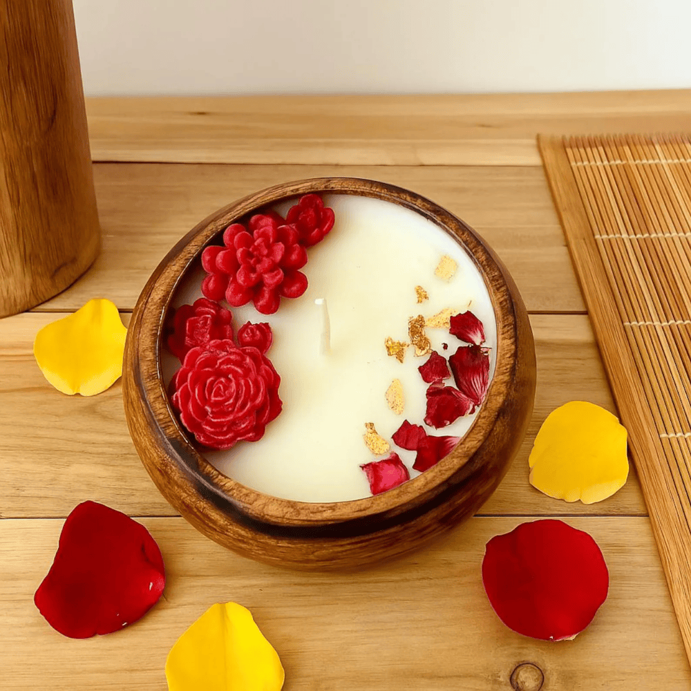 Rose Dough Bowl Candle – Hand-Carved Wood Centerpiece with 3D Flowers & Gold Flakes (10")