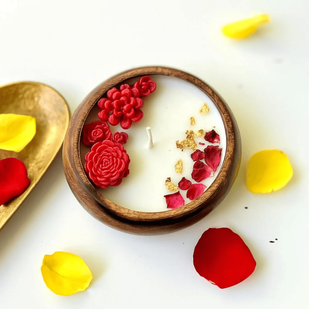 Rose Dough Bowl Candle – Hand-Carved Wood Centerpiece with 3D Flowers & Gold Flakes (10")