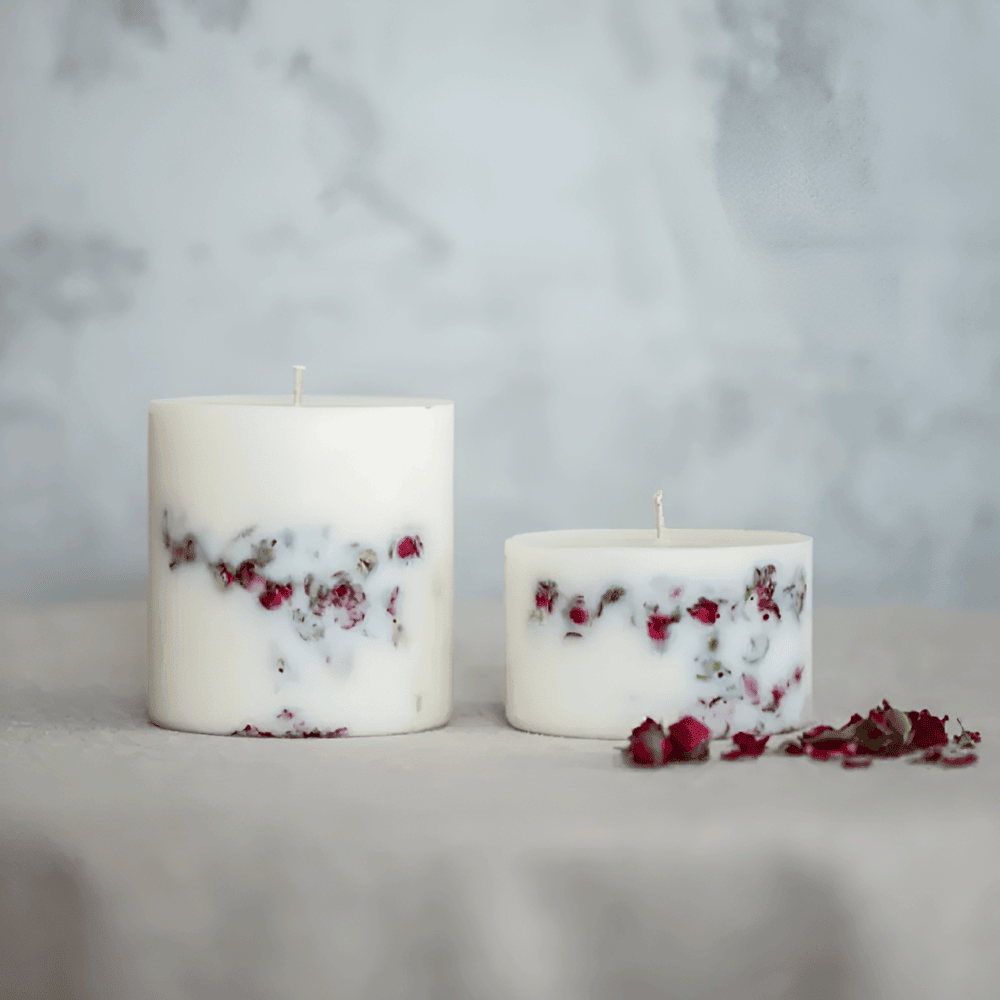 Botanical Rose Pillar Candle – Hand-Poured Soy Wax with Embedded Dried Flowers
