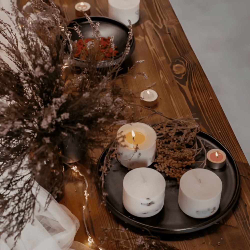 Botanical Rose Pillar Candle – Hand-Poured Soy Wax with Embedded Dried Flowers