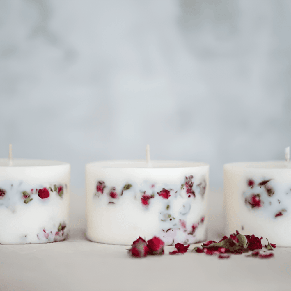 Botanical Rose Pillar Candle – Hand-Poured Soy Wax with Embedded Dried Flowers