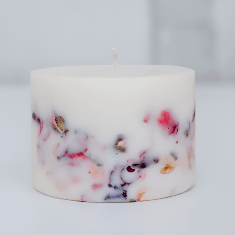 Botanical Rose Pillar Candle – Hand-Poured Soy Wax with Embedded Dried Flowers