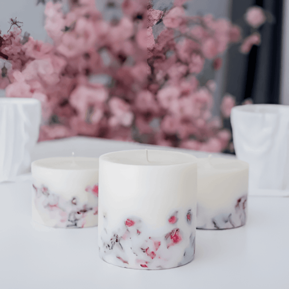 Botanical Rose Pillar Candle – Hand-Poured Soy Wax with Embedded Dried Flowers