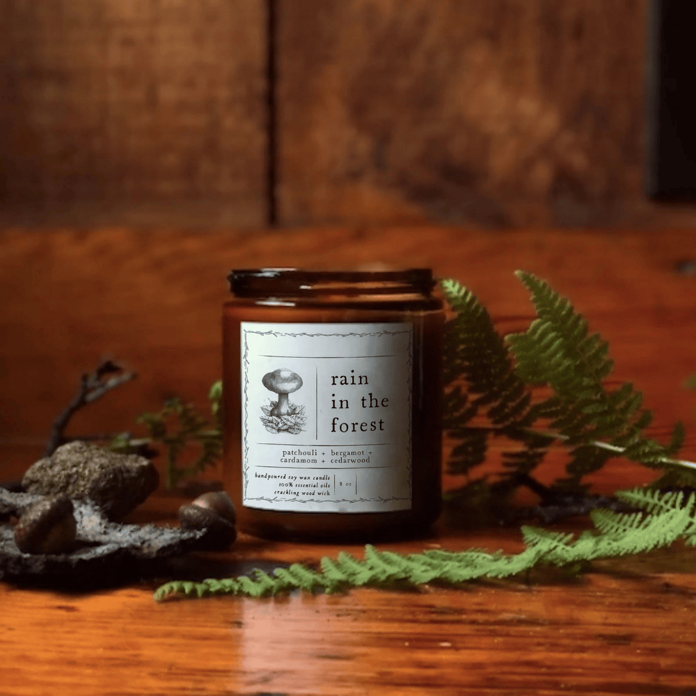 Rain in the Forest Soy Candle – Wood Wick Essential Oil Blend with Patchouli & Cedarwood (8oz)