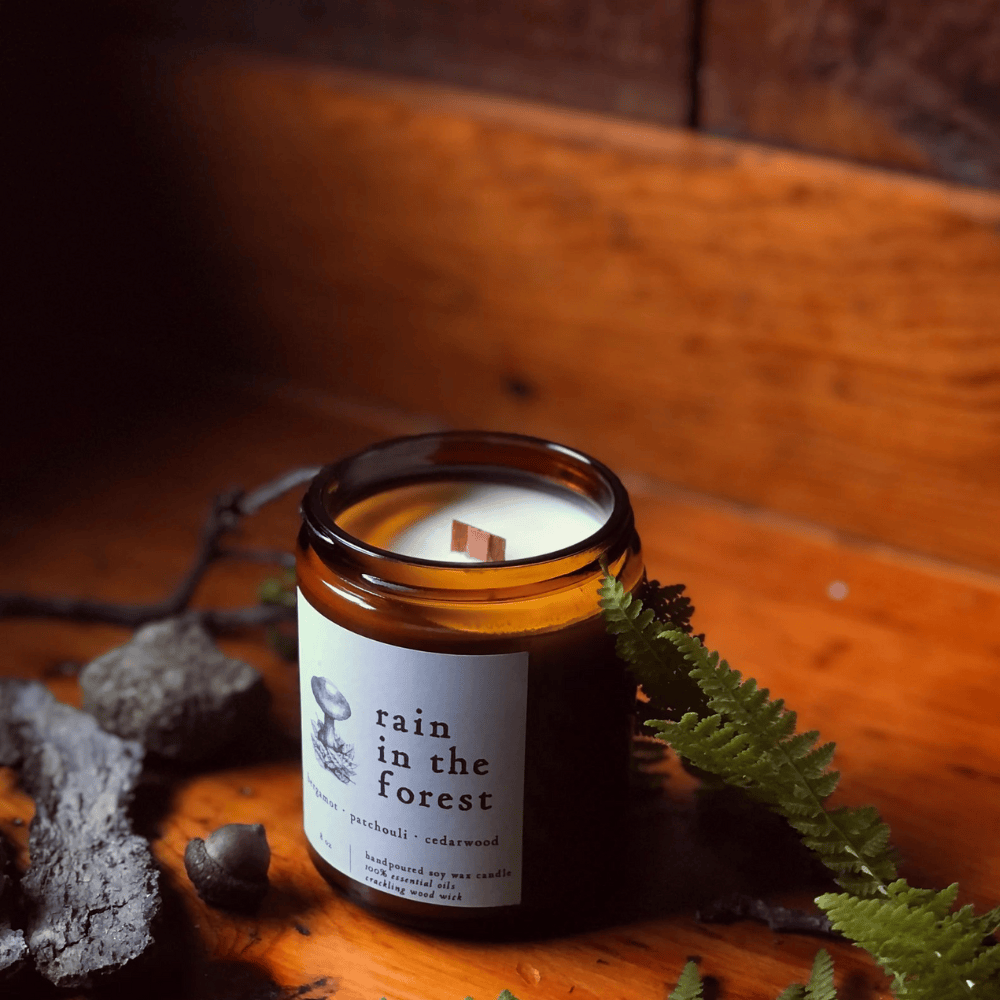 Rain in the Forest Soy Candle – Wood Wick Essential Oil Blend with Patchouli & Cedarwood (8oz)