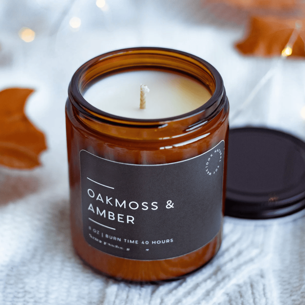 Oakmoss & Amber Soy Candle – Earthy & Masculine Scent in Reusable Amber Jar (8oz)