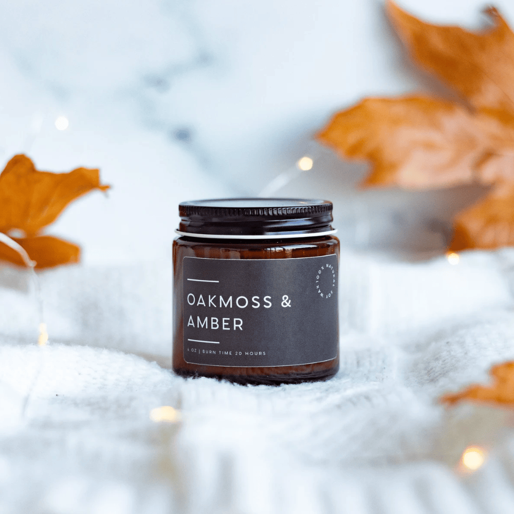 Oakmoss & Amber Soy Candle – Earthy & Masculine Scent in Reusable Amber Jar (8oz)