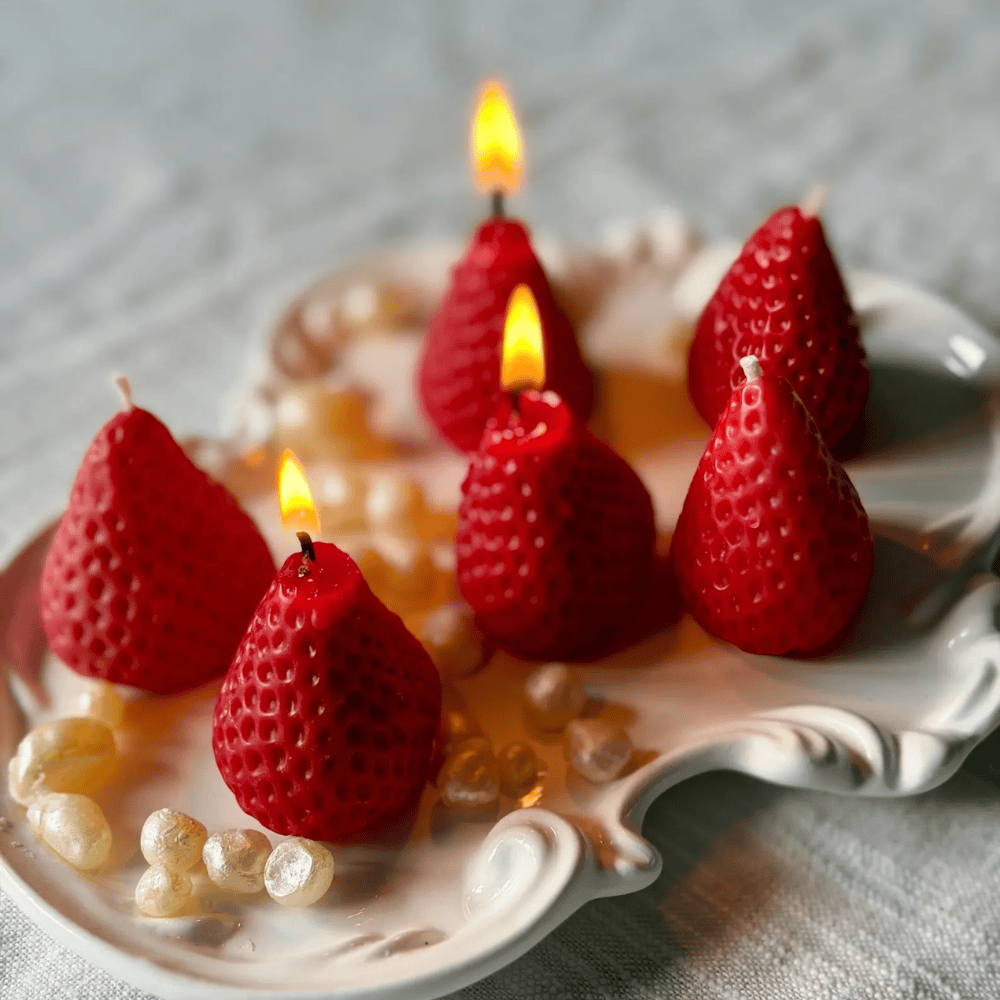 Realistic Strawberry Beeswax Candles – Hand-Poured Fruit Cake Toppers & Party Decor (2")