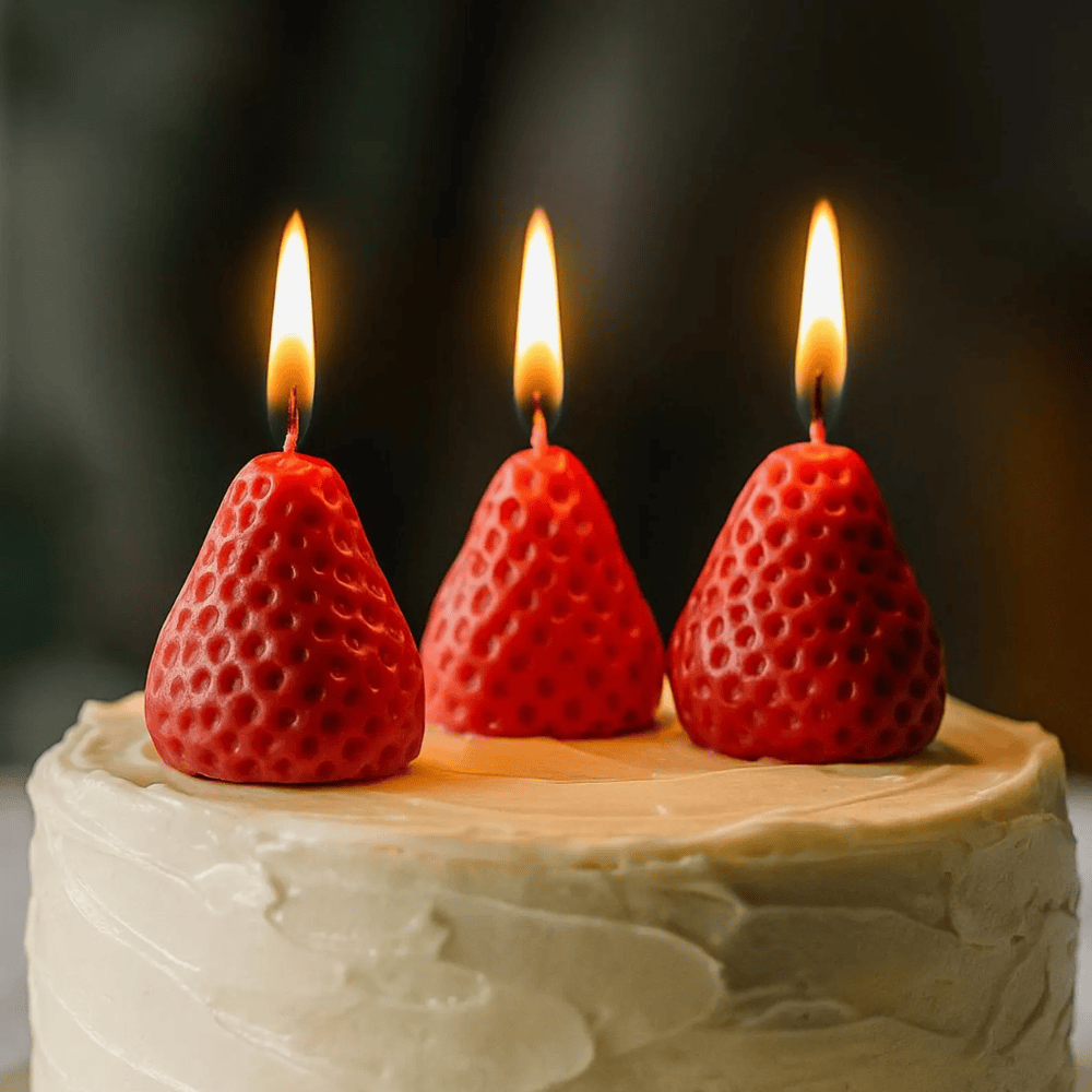 Realistic Strawberry Beeswax Candles – Hand-Poured Fruit Cake Toppers & Party Decor (2")