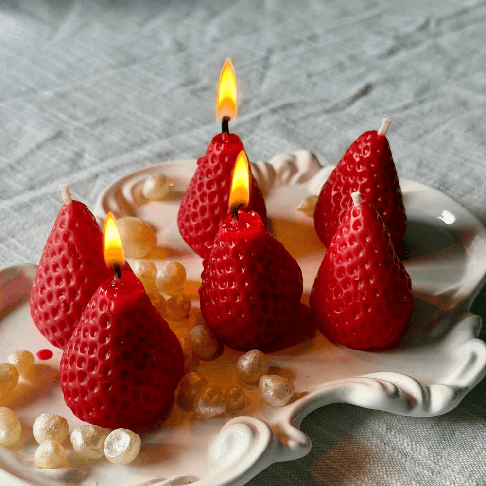 Realistic Strawberry Beeswax Candles – Hand-Poured Fruit Cake Toppers & Party Decor (2")