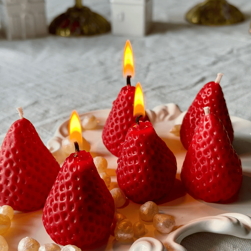 Realistic Strawberry Beeswax Candles – Hand-Poured Fruit Cake Toppers & Party Decor (2")