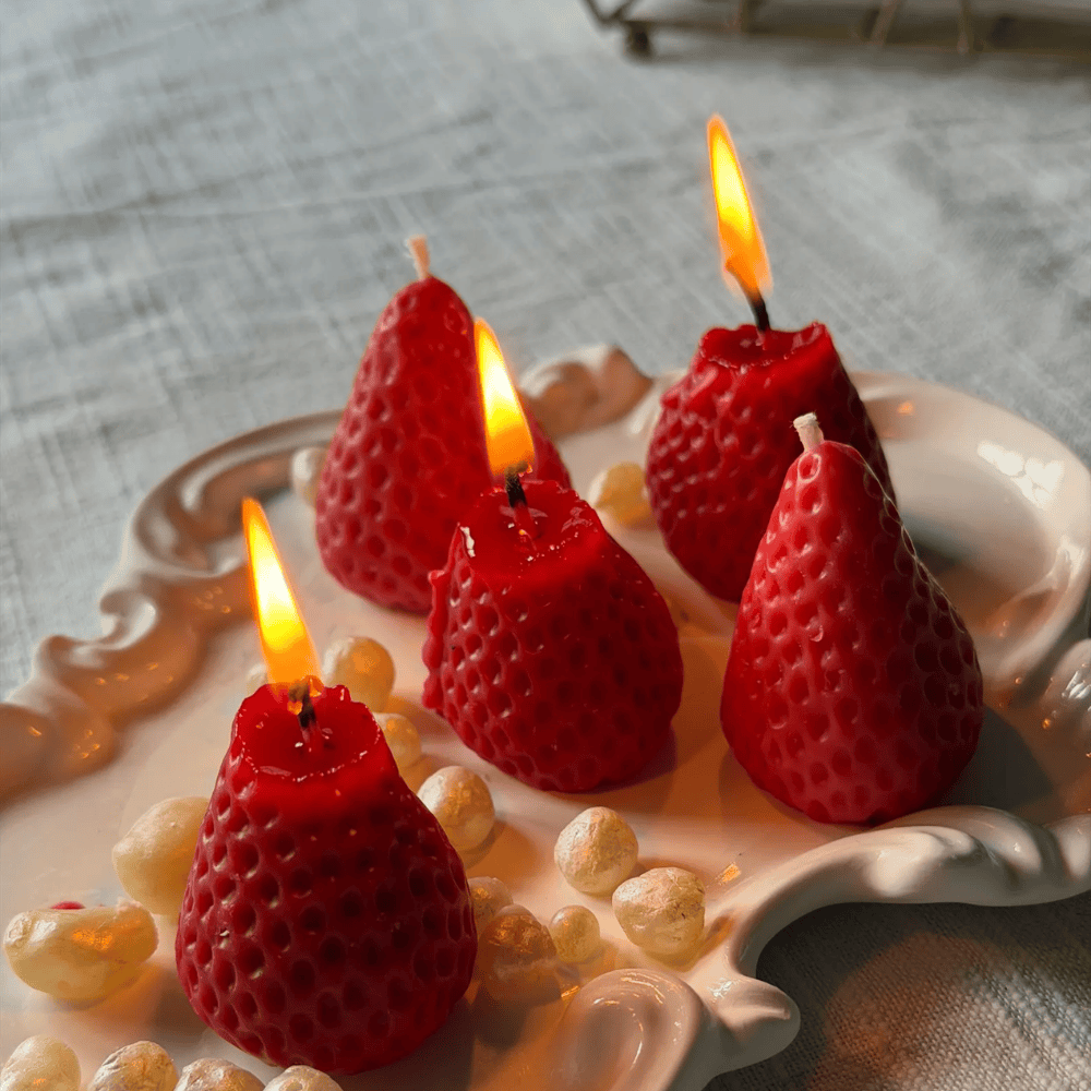 Realistic Strawberry Beeswax Candles – Hand-Poured Fruit Cake Toppers & Party Decor (2")