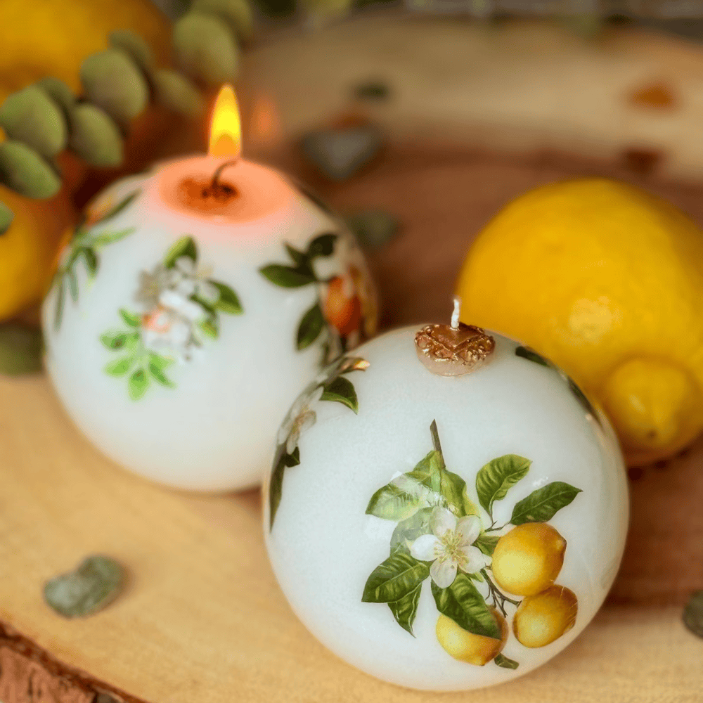 Summer Lemon Candle – Realistic Fruit Shape or Decorative Citrus Print Pillar (3")
