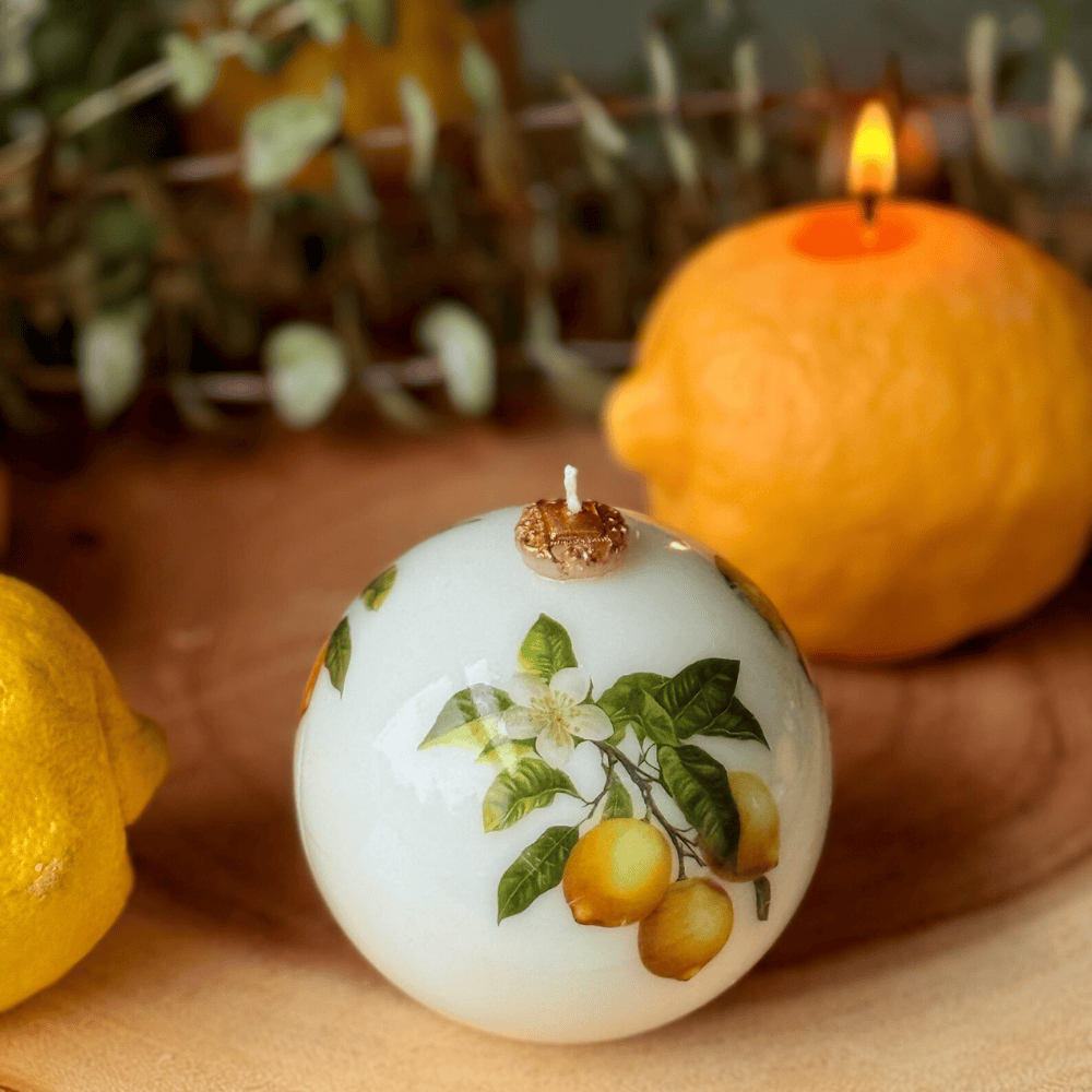 Summer Lemon Candle – Realistic Fruit Shape or Decorative Citrus Print Pillar (3")