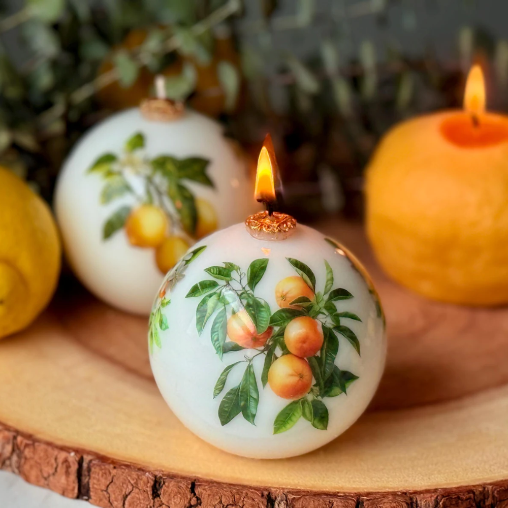 Summer Lemon Candle – Realistic Fruit Shape or Decorative Citrus Print Pillar (3")