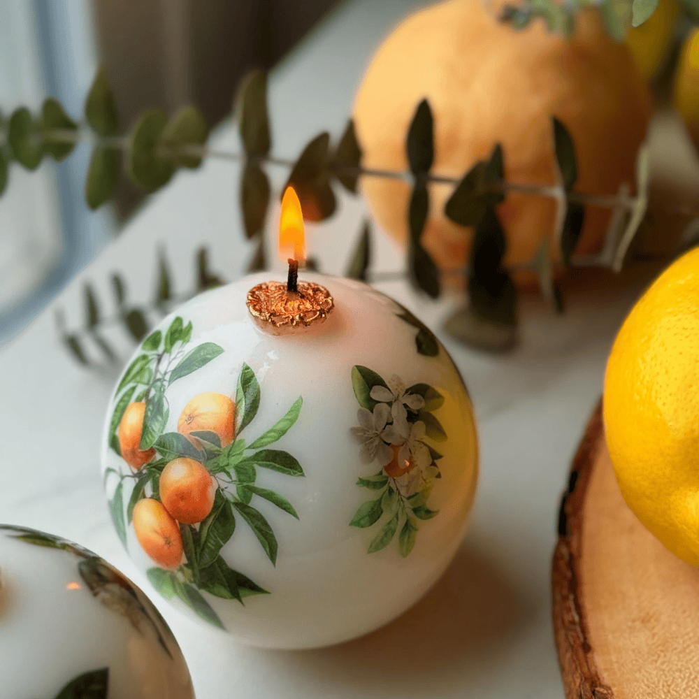 Summer Lemon Candle – Realistic Fruit Shape or Decorative Citrus Print Pillar (3")