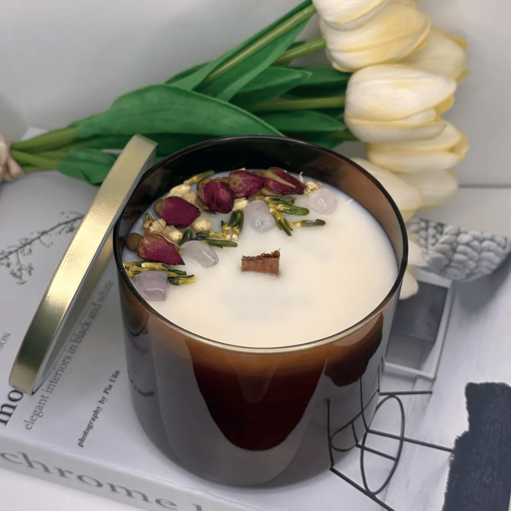 Large Secret Message Candle – 17oz Amber Glass with Dried Flowers & Crackling Wood Wick