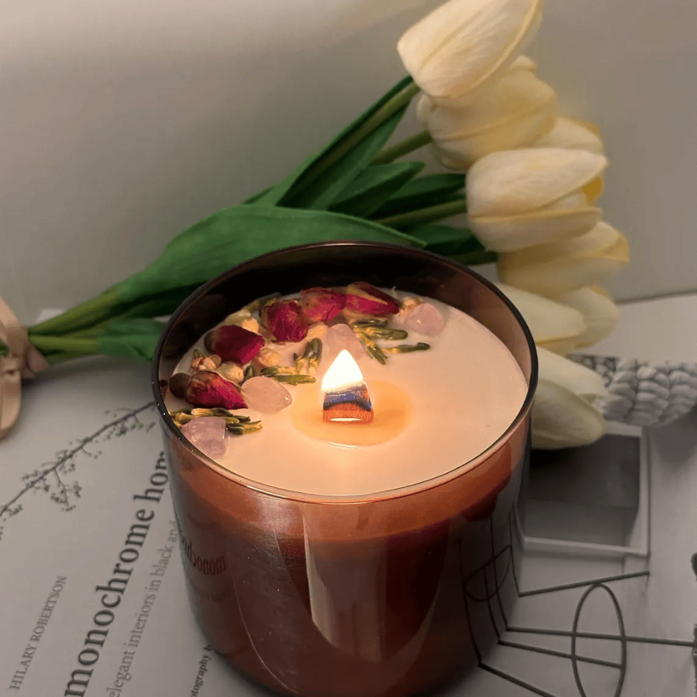 Large Secret Message Candle – 17oz Amber Glass with Dried Flowers & Crackling Wood Wick