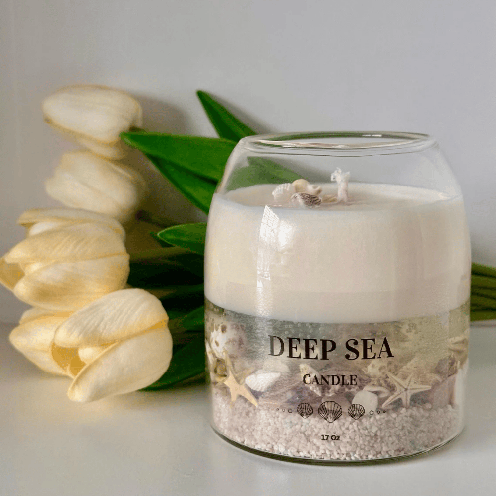 Deep Sea Seascape Candle | Beach Scented Soy & Gel Wax with Real Shells & Ball Cork Lid