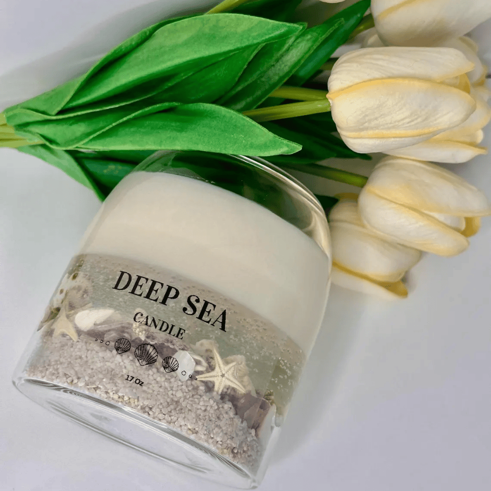 Deep Sea Seascape Candle | Beach Scented Soy & Gel Wax with Real Shells & Ball Cork Lid