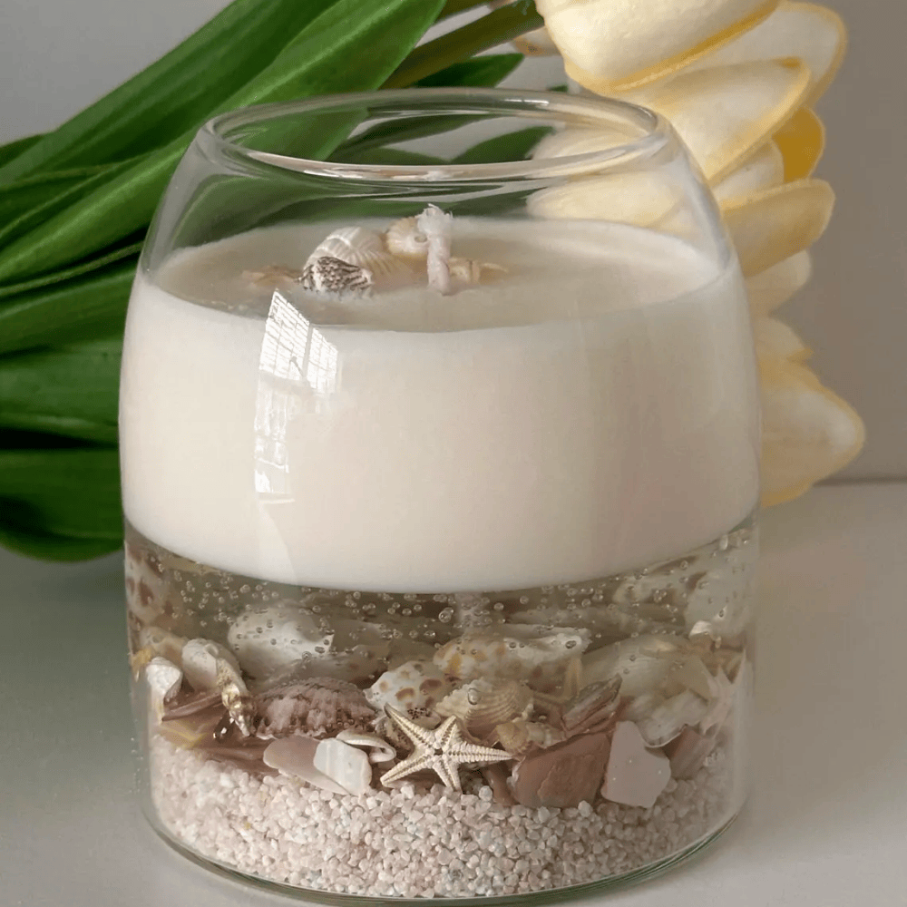 Deep Sea Seascape Candle | Beach Scented Soy & Gel Wax with Real Shells & Ball Cork Lid