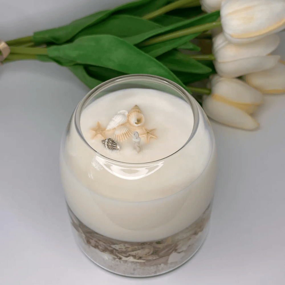 Deep Sea Seascape Candle | Beach Scented Soy & Gel Wax with Real Shells & Ball Cork Lid
