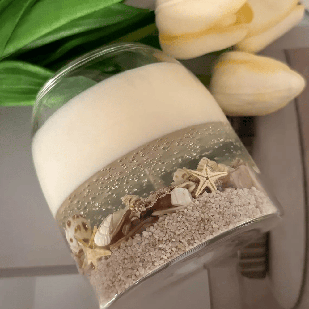 Deep Sea Seascape Candle | Beach Scented Soy & Gel Wax with Real Shells & Ball Cork Lid