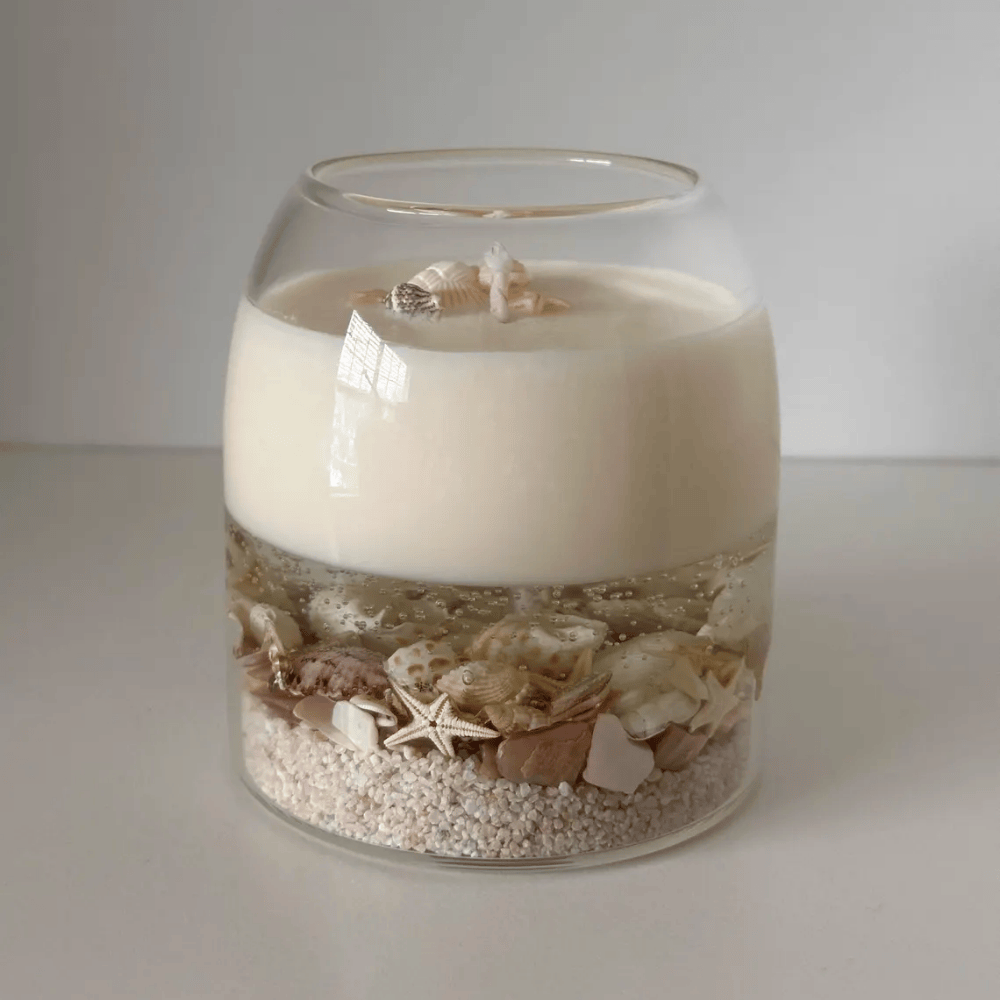 Deep Sea Seascape Candle | Beach Scented Soy & Gel Wax with Real Shells & Ball Cork Lid