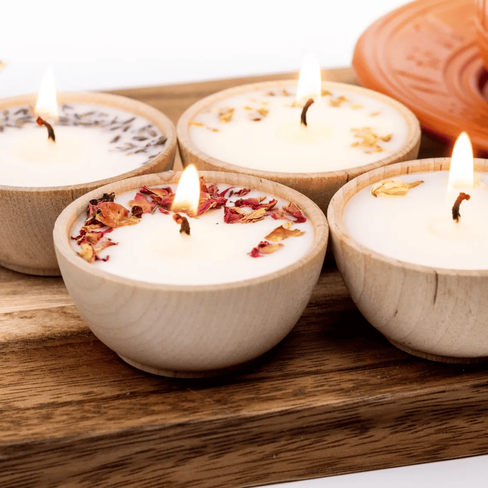 Aromatherapy Candles Set | 4 Handmade Wooden Bowl Tealights with Essential Oils & Botanicals