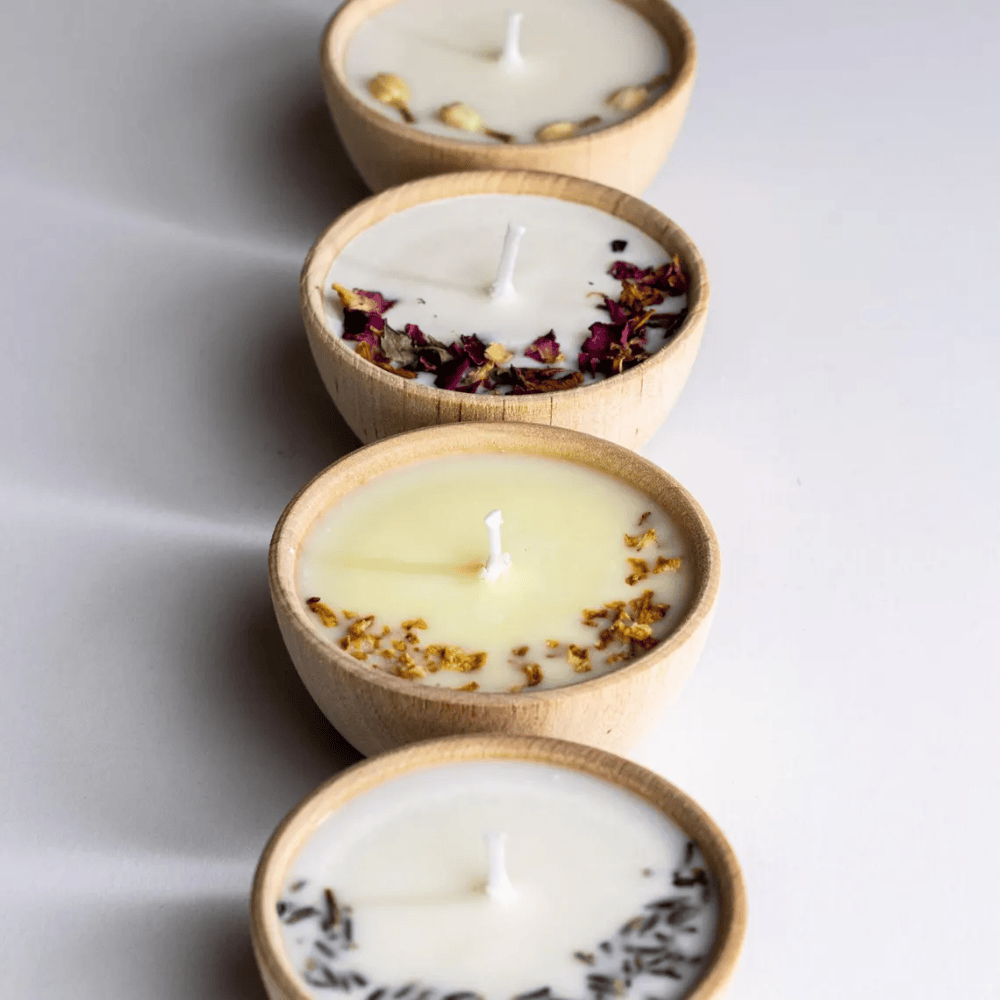 Aromatherapy Candles Set | 4 Handmade Wooden Bowl Tealights with Essential Oils & Botanicals