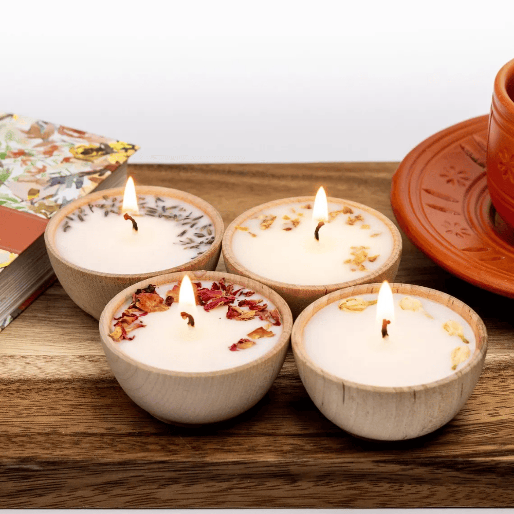 Aromatherapy Candles Set | 4 Handmade Wooden Bowl Tealights with Essential Oils & Botanicals