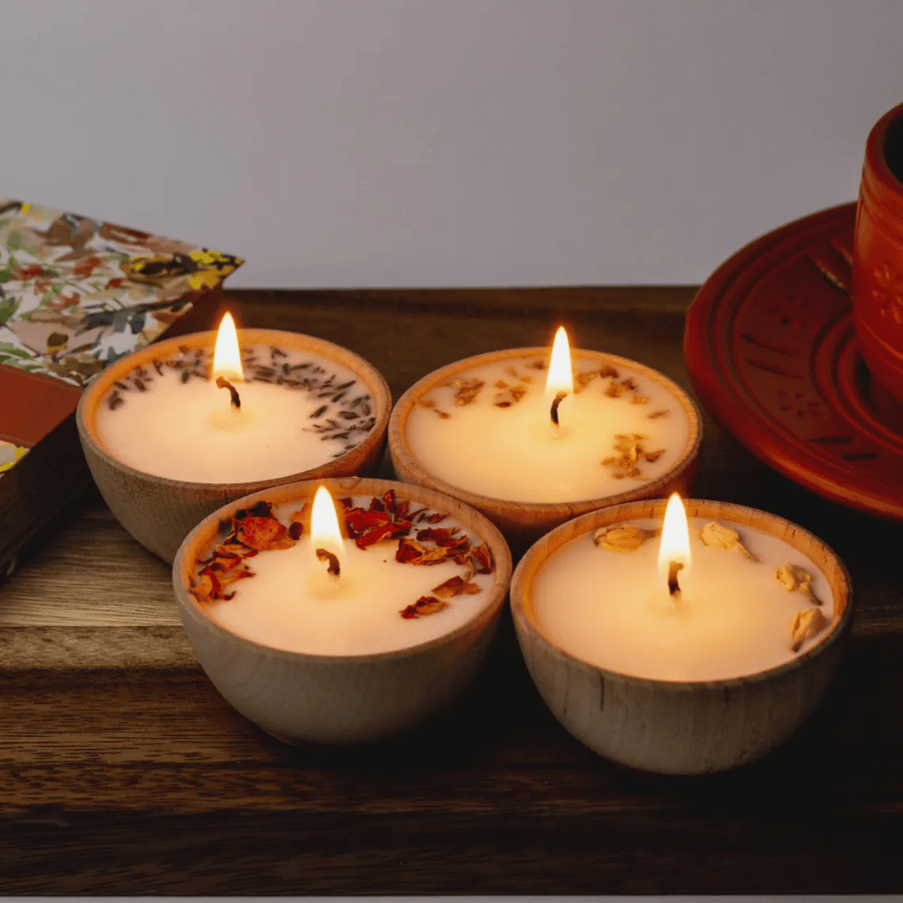 Aromatherapy Candles Set | 4 Handmade Wooden Bowl Tealights with Essential Oils & Botanicals
