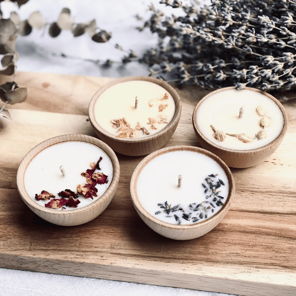 Aromatherapy Candles Set | 4 Handmade Wooden Bowl Tealights with Essential Oils & Botanicals