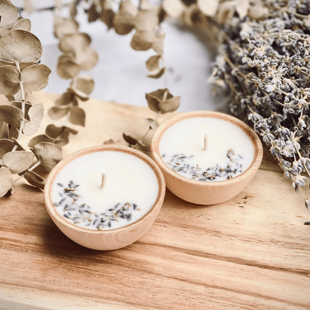 Aromatherapy Candles Set | 4 Handmade Wooden Bowl Tealights with Essential Oils & Botanicals