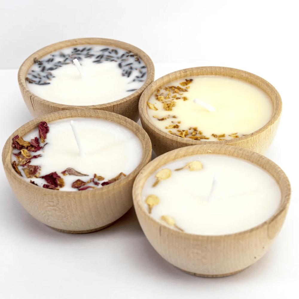 Aromatherapy Candles Set | 4 Handmade Wooden Bowl Tealights with Essential Oils & Botanicals