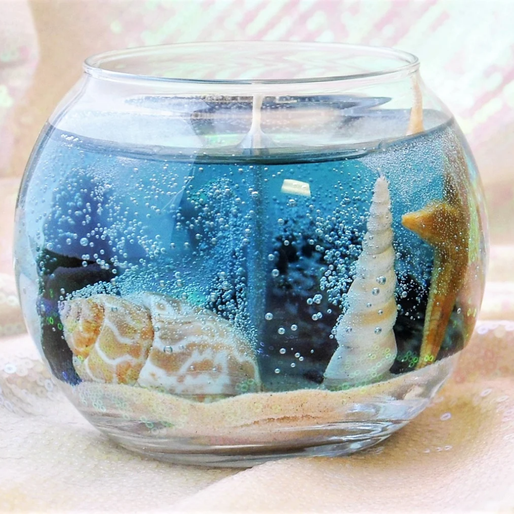 The Tropical Paradise Fishbowl | 14oz Long-Lasting Seascape Gel Candle with Real Shells & Starfish