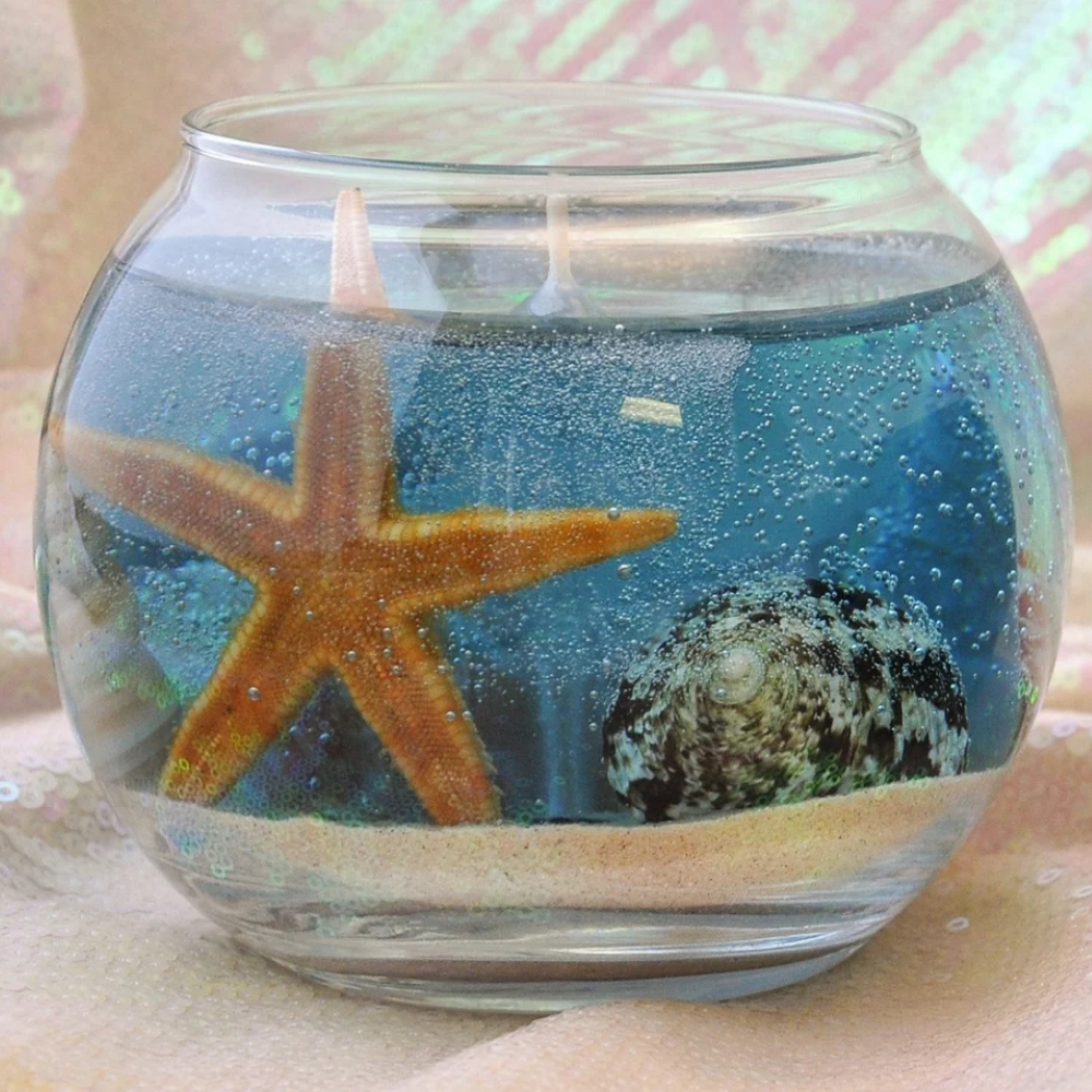 The Tropical Paradise Fishbowl | 14oz Long-Lasting Seascape Gel Candle with Real Shells & Starfish