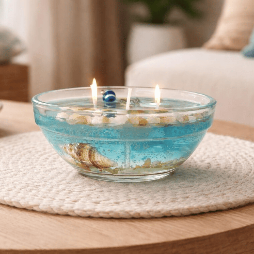 The Protector’s Tide | Seashell Gel Candle with Evil Eye Charm & Quartz Sand