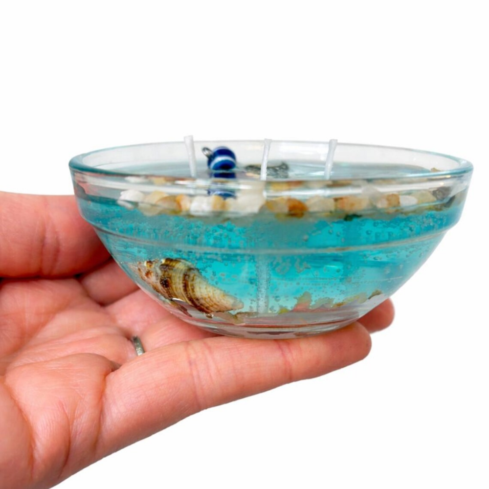 The Protector’s Tide | Seashell Gel Candle with Evil Eye Charm & Quartz Sand