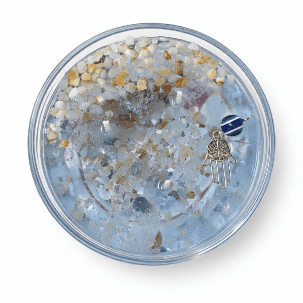 The Protector’s Tide | Seashell Gel Candle with Evil Eye Charm & Quartz Sand