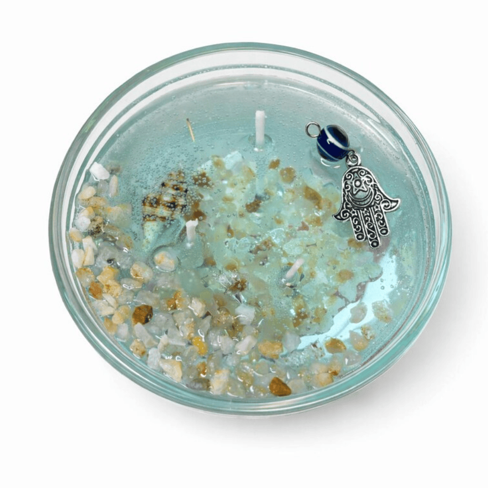 The Protector’s Tide | Seashell Gel Candle with Evil Eye Charm & Quartz Sand