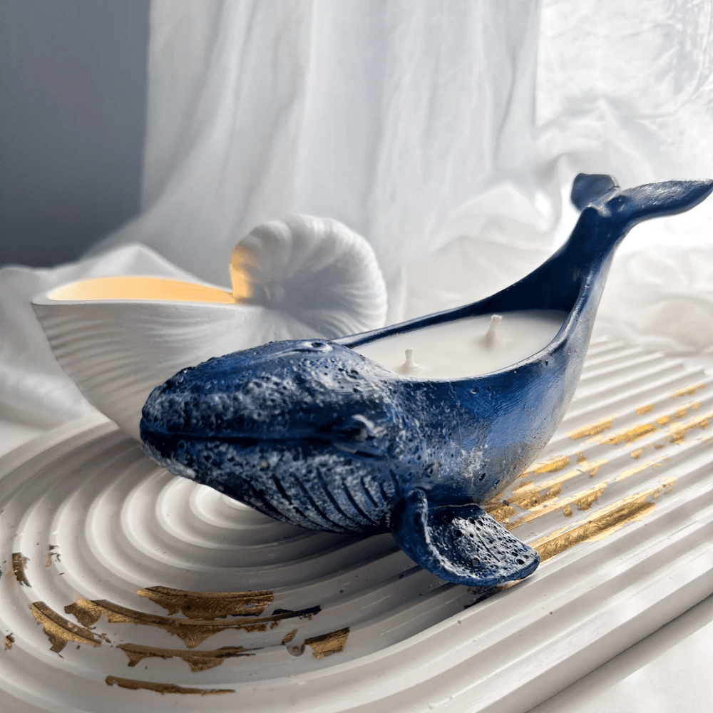 Artisan Gypsum Whale Candle | Hand-Poured Soy Wax with Dual Wicks & Ocean Decor