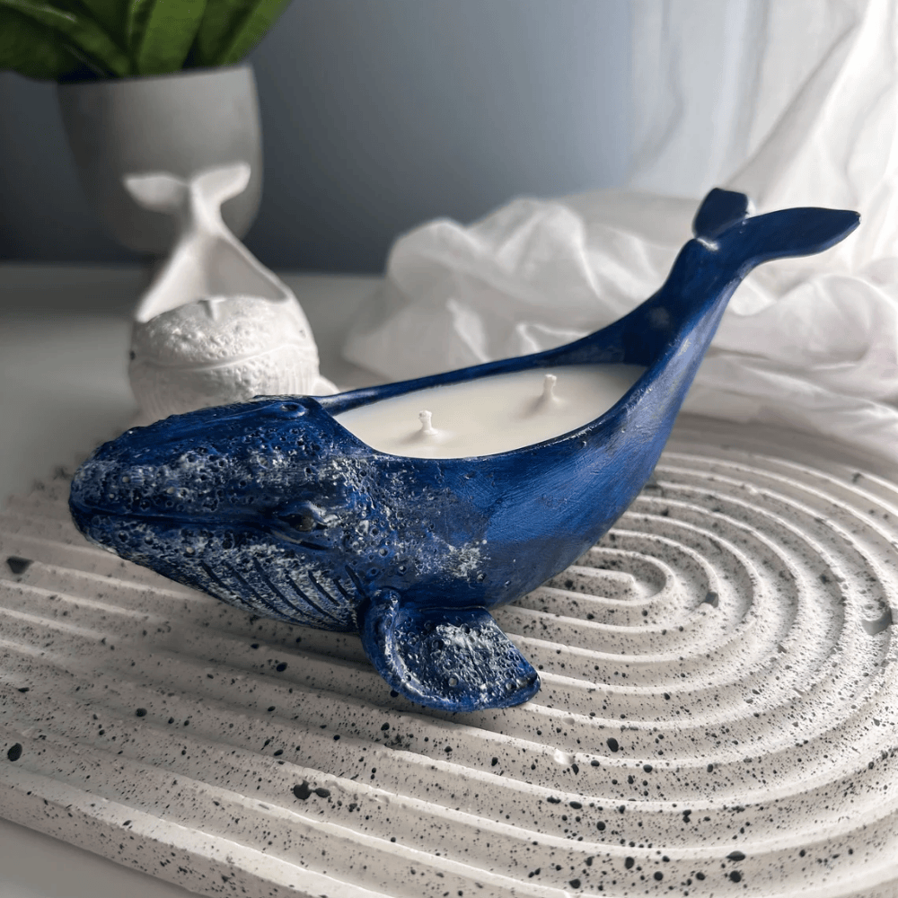 Artisan Gypsum Whale Candle | Hand-Poured Soy Wax with Dual Wicks & Ocean Decor