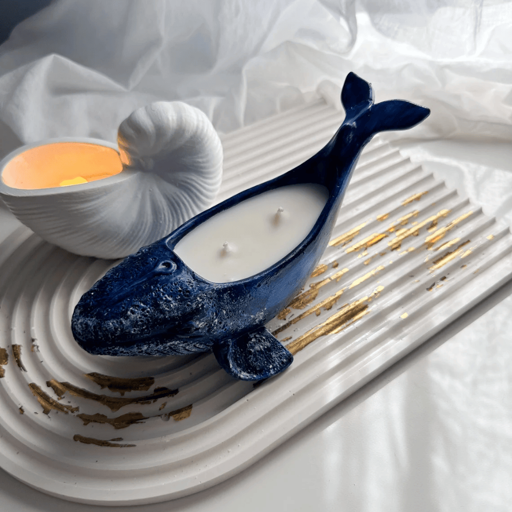 Artisan Gypsum Whale Candle | Hand-Poured Soy Wax with Dual Wicks & Ocean Decor
