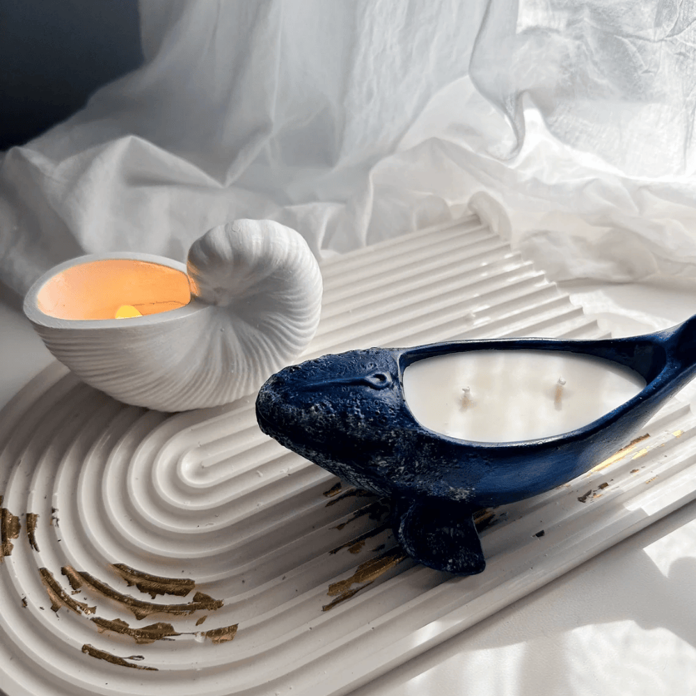 Artisan Gypsum Whale Candle | Hand-Poured Soy Wax with Dual Wicks & Ocean Decor