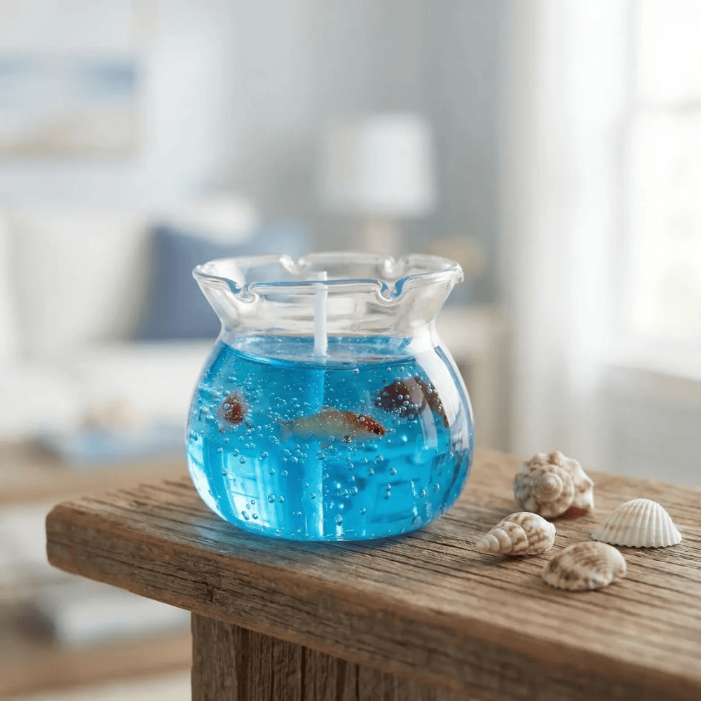 The Petal Tide Aquarium | Ocean Jelly Glass Candle with Resin Fish & Wave Rim