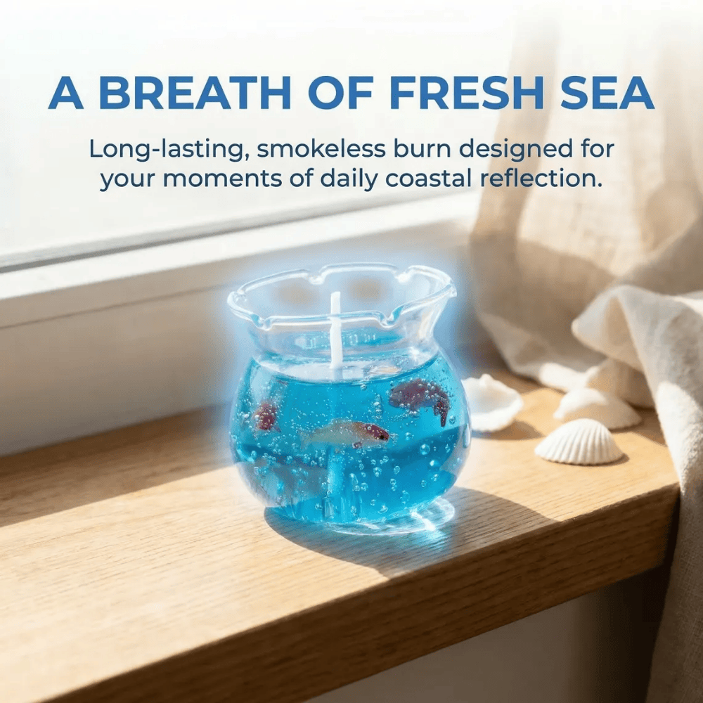 The Petal Tide Aquarium | Ocean Jelly Glass Candle with Resin Fish & Wave Rim